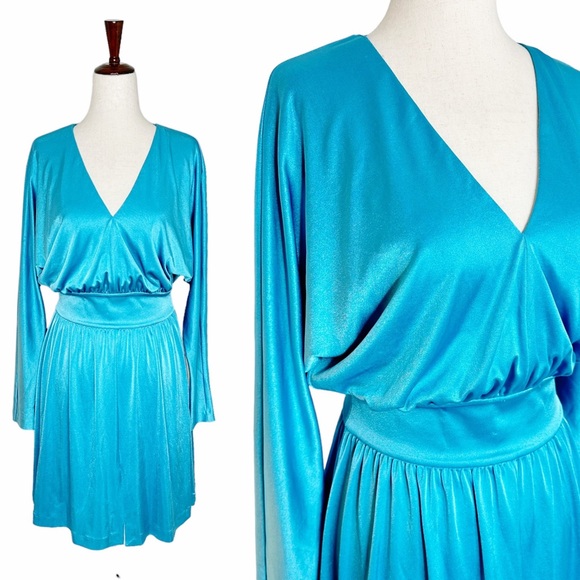 Halston Heritage Aqua Satin Retro A-Line Dress Size